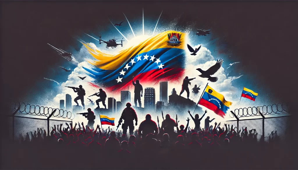 Imagen de la bandera de Venezuela ondeando mientras el pueblo protesta contra un régimen autoritario