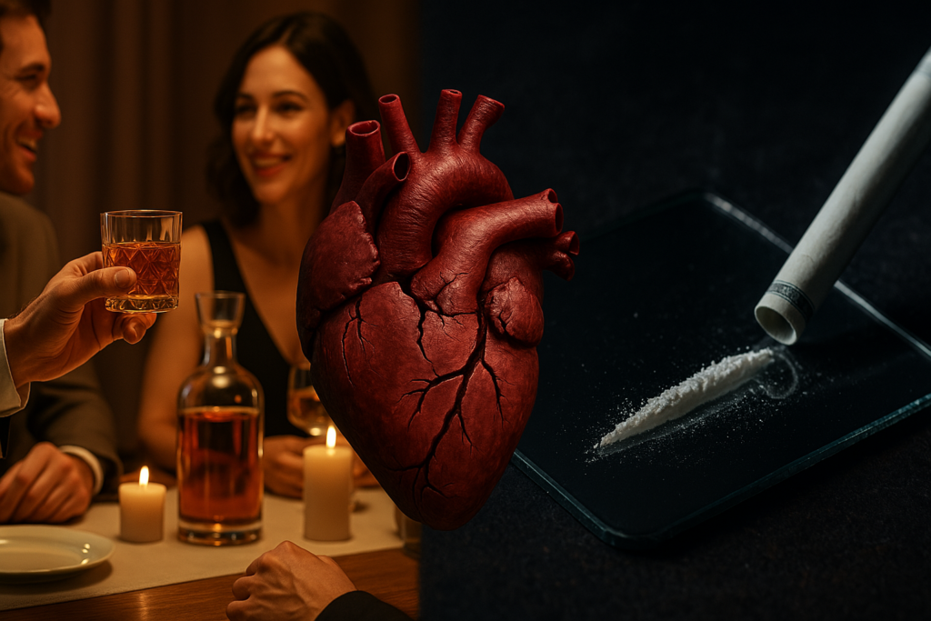 Composición horizontal con dos escenas: una de fiesta con whiskey socializado y otra oscura con una línea de sustancia blanca en un espejo, conectadas por un corazón humano roto